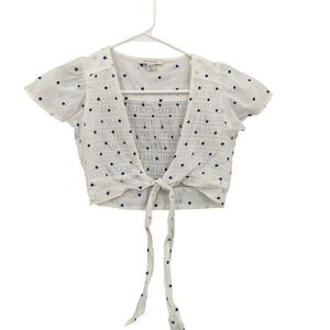 American Eagle White Blue Polka Dot Smocked Tie Front Sheer Crop Top Womens XS